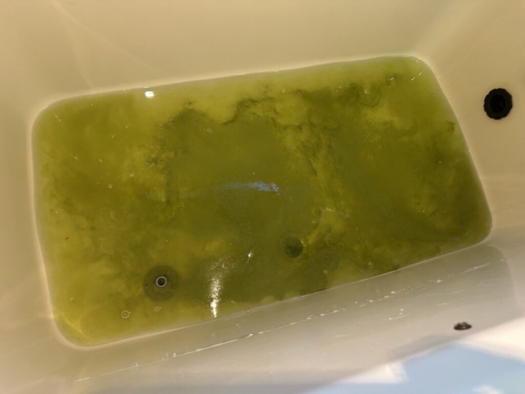 循環洗浄により追い焚き配管から汚れが浮き出ている様子